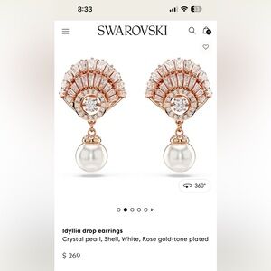 Swarovski Idyllia drop Crystal pearl, Shell, White, Rose gold-tone plated